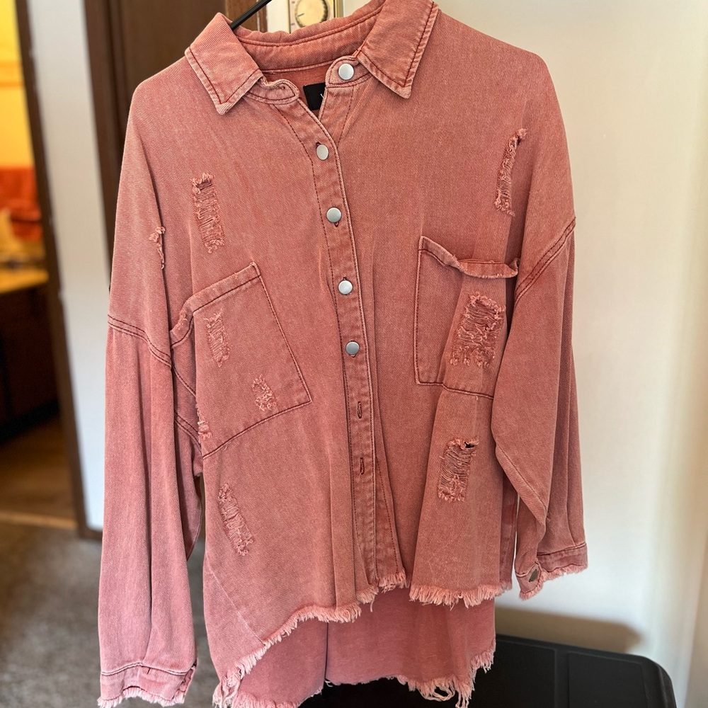 Pink Red Ripped Button Jacket - Picture 5 of 9